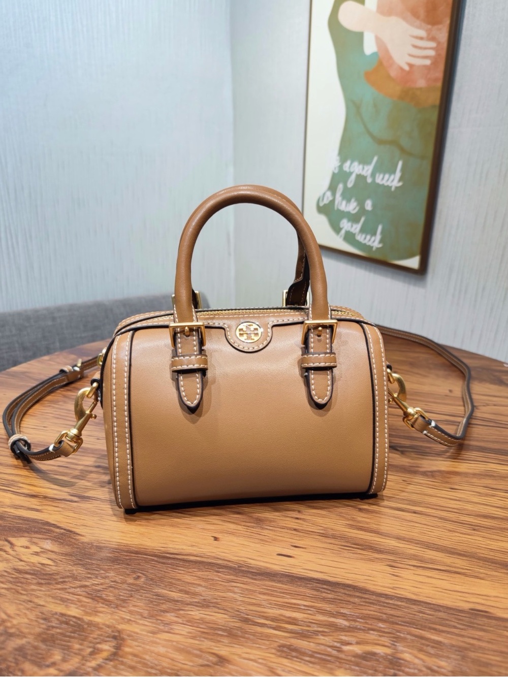 Tory Burch Camel Mini Barrel Satchel with Gold Hardware